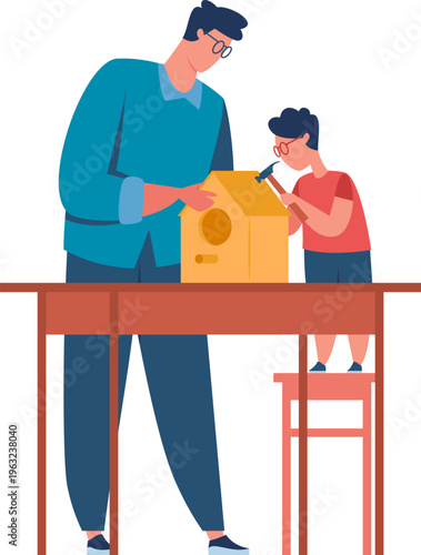 Father and son building birdhouse together