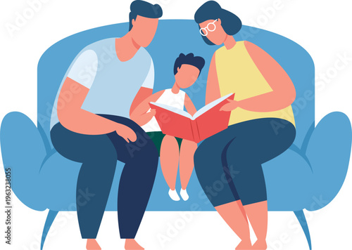 Family reading storybook to child on sofa