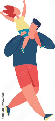 Father carrying happy child on shoulders and walking