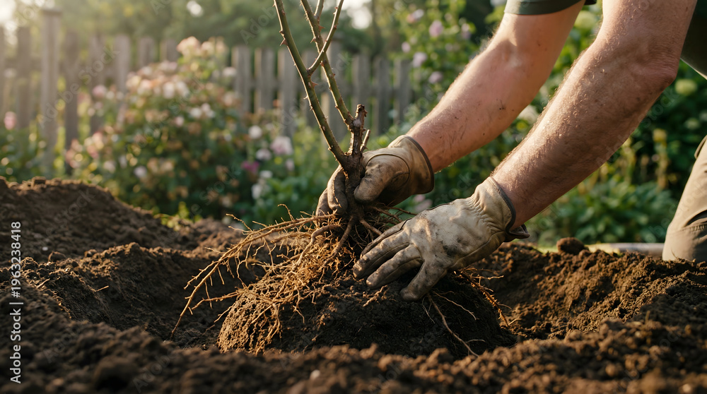 Fototapeta premium Gardener planting a tree with care in a sunny garden soil