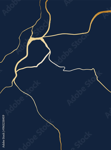Kintsugi gold cracks mending navy blue abstract background
