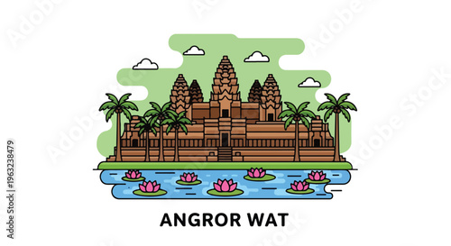 Pixel art illustration of Angkor Wat temple complex with boats on the moat and palm trees against a green background with clouds.