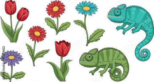 Chameleon and flowers vector set with colorful reptiles and blooming plants decorative nature elements detailed illustration