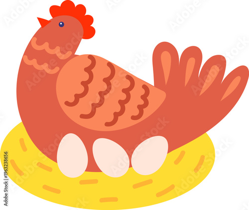 Hen sitting on nest with eggs incubating new life