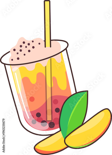 Bubble tea drink with mango pieces and straw