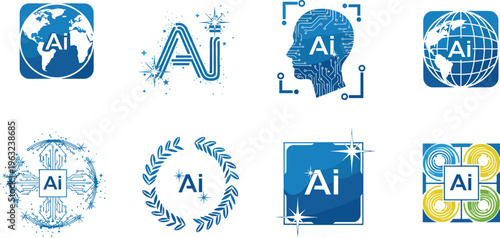 Artificial intelligence logo designs featuring global connectivity, human cognition, circuit technology, innovation, and creative AI concepts for modern digital transformation and smart technology 