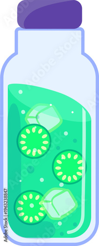 Refreshing green drink in a bottle with ice and fruit