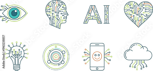 Artificial intelligence vector icons featuring machine vision, human cognition, emotional AI, innovation, connectivity, mobile technology, and cloud computing for modern digital transformation 