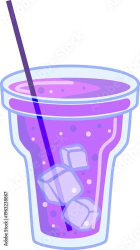 Purple drink with ice cubes and drinking straw