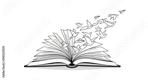 Open book with birds flying out pages reading learning