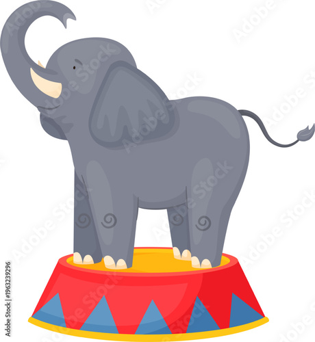 Circus elephant standing on podium raising trunk