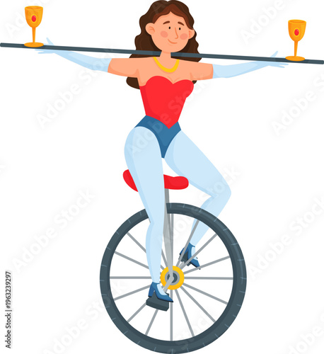 Acrobat balancing golden glasses riding one wheel unicycle