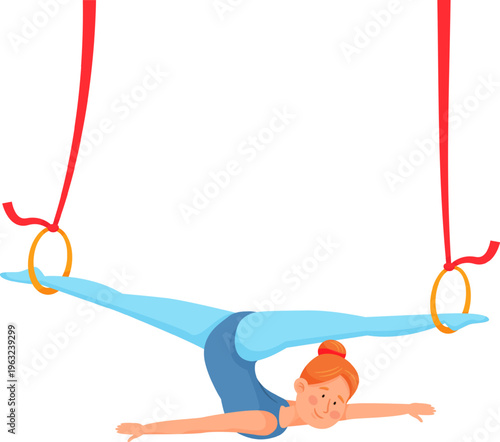 Gymnast performing splits on aerial rings skill