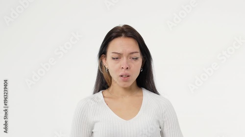 Adult young woman sadness depression tears cries white background isolated space