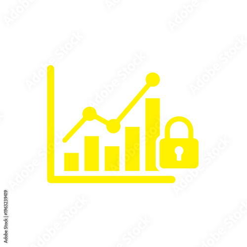 Bright yellow line graph illustration featuring rising data points and a prominent security padlock icon.