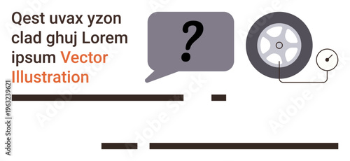 Problem-solving, transportation, automotive diagnostics, mechanics, education, tire industry. Question mark and a car wheel with surrounding elements. Automotive diagnostics and transportation