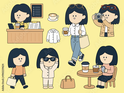 Morning routine set illustration collection sticker sheet cafe lifestyle vector set character design cute icons graphic elements