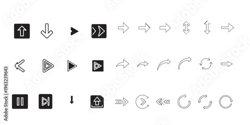 A collection of various black and white directional and media control icons