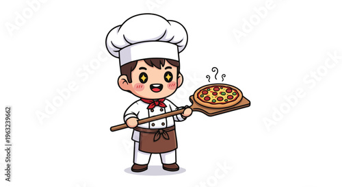 A cheerful cartoon chef holding a pizza on a peel with a white background and vibrant colors.
