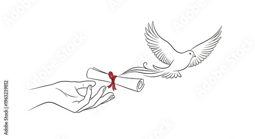 hand releasing diploma with red ribbon to flying white dove