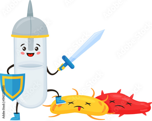 Medicine pill fighting and defeating harmful bacteria