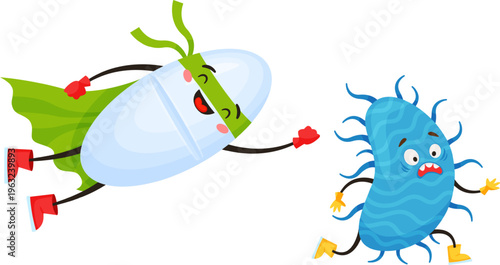 Superhero pill fighting germ concept for health and medicine