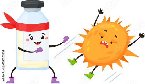 Vitamin D bottle character fighting the sun