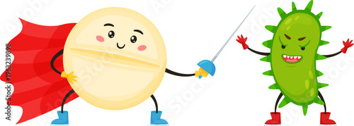 Medicine pill superhero fighting virus bacteria character