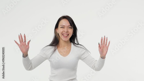 Pretty adult young woman pleasant surprise in white space background copy space