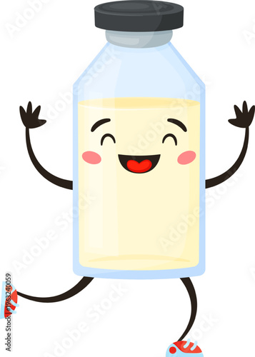 Vaccine vial character happily running vector illustration