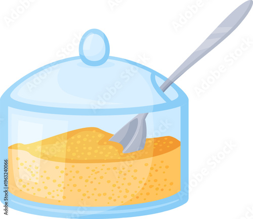 Glass sugar bowl with spoon holding brown sugar