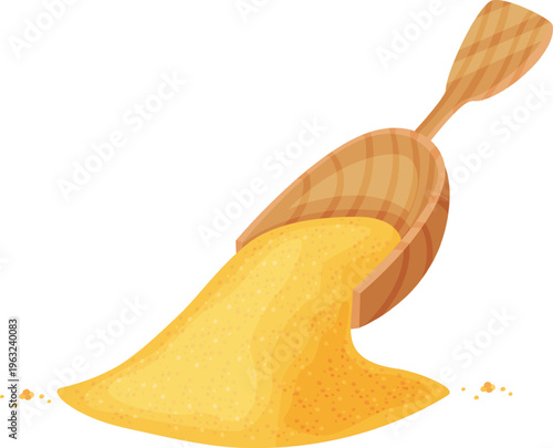 Wooden scoop pouring yellow granular sugar on surface
