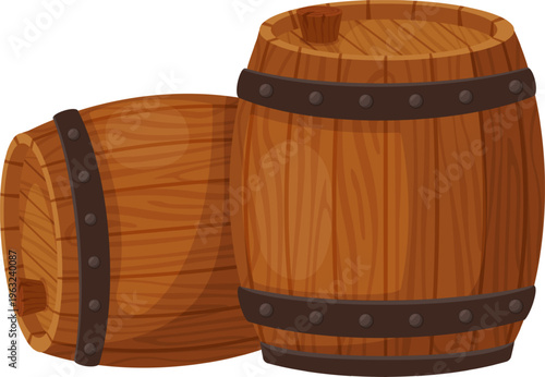 Wooden barrels holding alcoholic beverages with bung