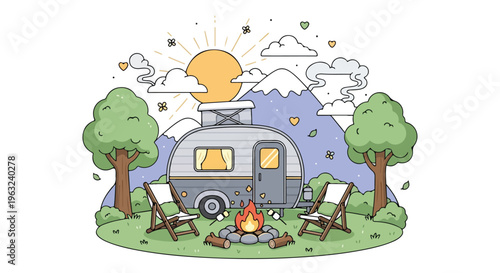 Illustration of a silver camper van parked beside a campfire with two deck chairs in a scenic outdoor setting with trees and mountains.