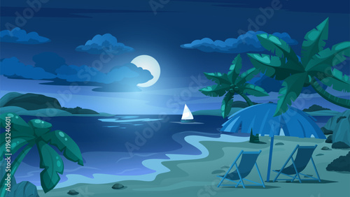 Tropical beach night scene with full moon and sailboat