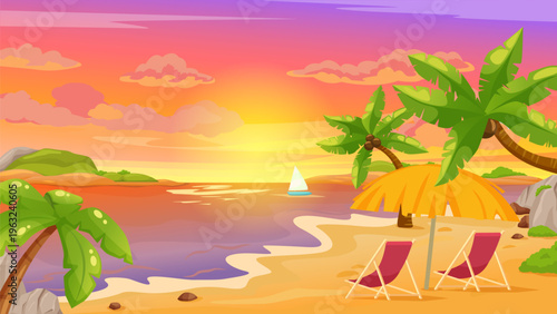 Tropical beach vacation during vibrant sunset