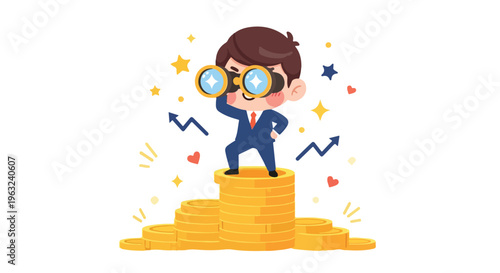 A cartoon businessman in a blue suit stands on a stack of gold coins looking through binoculars with colorful stars, arrows, and hearts floating around him on a white background.