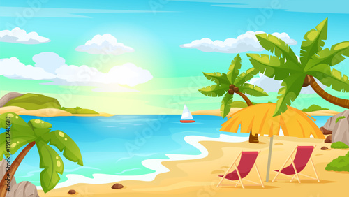 Tropical beach with palm trees and sun lounger chairs