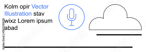 Audio recording, cloud storage, data sharing, communication technology, tech services, content creation. Minimalist microphone icon and cloud outline design. Audio recording and cloud storage concept