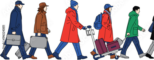 Vector illustration of diverse people walking with suitcases and luggage, travelers in winter coats carrying bags and using airport trolley, travel