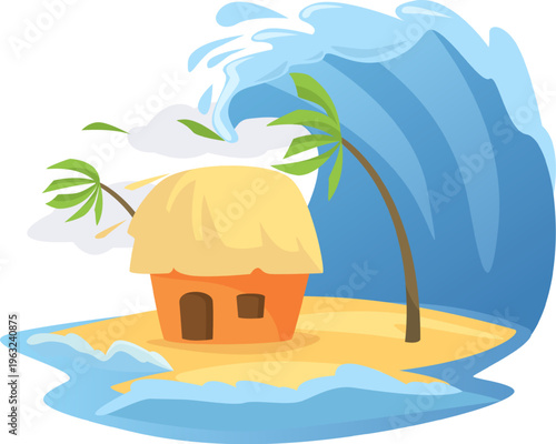 Tsunami wave crashing on a tropical island with hut