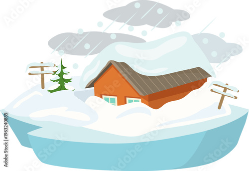 House buried in deep snow during winter blizzard
