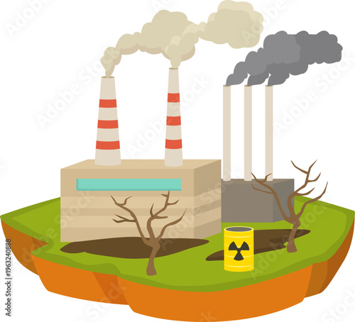 Factory emitting smoke polluting environment with bare trees