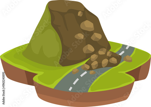 Landslide blocking road with falling rocks and debris