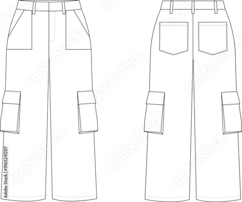 Widw leg cargo pocket pant flat sketch ,cad drawing and illustration