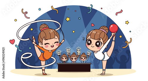 Two cartoon girls in gymnastics outfits performing with ribbons and ball on stage with trophies and confetti, conveying a joyful mood.