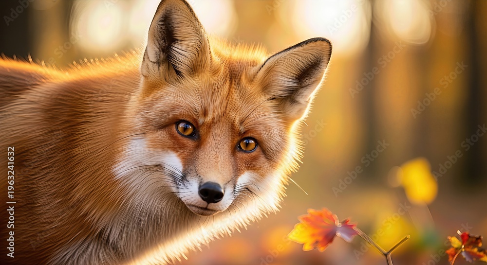 Fototapeta premium A majestic red fox, a wild mammal, observing keenly within its natural autumnal woodland environment, bathed in vibrant golden light, capturing the essence of wilderness, seasonal beauty