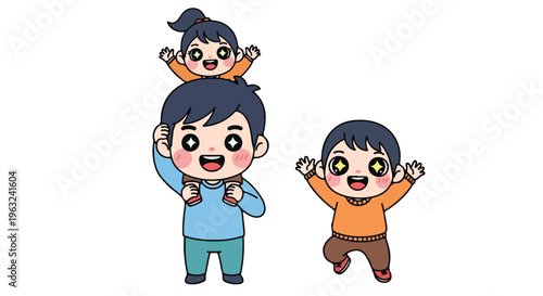 A cartoon illustration of three happy children playing together with one child on another's shoulders against a clean white background.