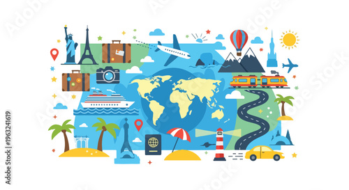 Colorful travel illustration features landmarks, transportation, and a world map