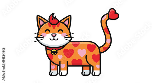 A cartoon orange cat with hearts and a collar stands against a white background, conveying a playful mood with a flat design style.